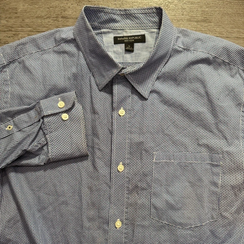 Banana Republic Shirt Mens L Blue 100% Cotton Soft Wash Geometric Print Preppy
